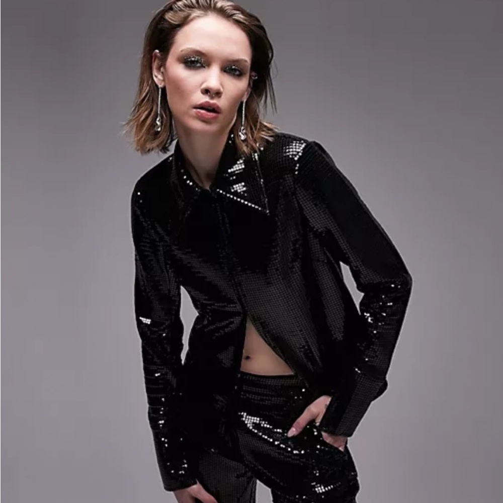 Topshop Tailored flat sequin shirt in black